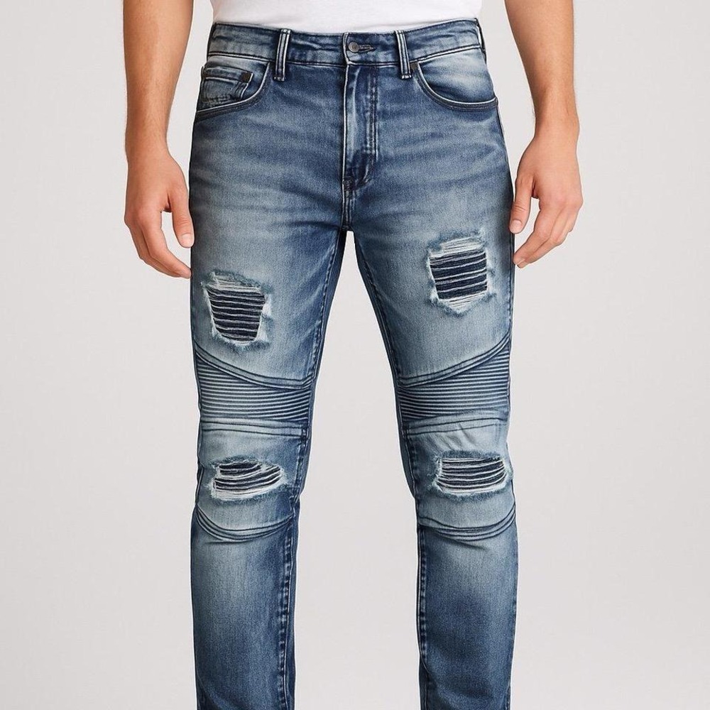 Ring of Fire Slim Fit Moto Distressed Jeans W36‎ L32 Blue Biker Denim Men's
